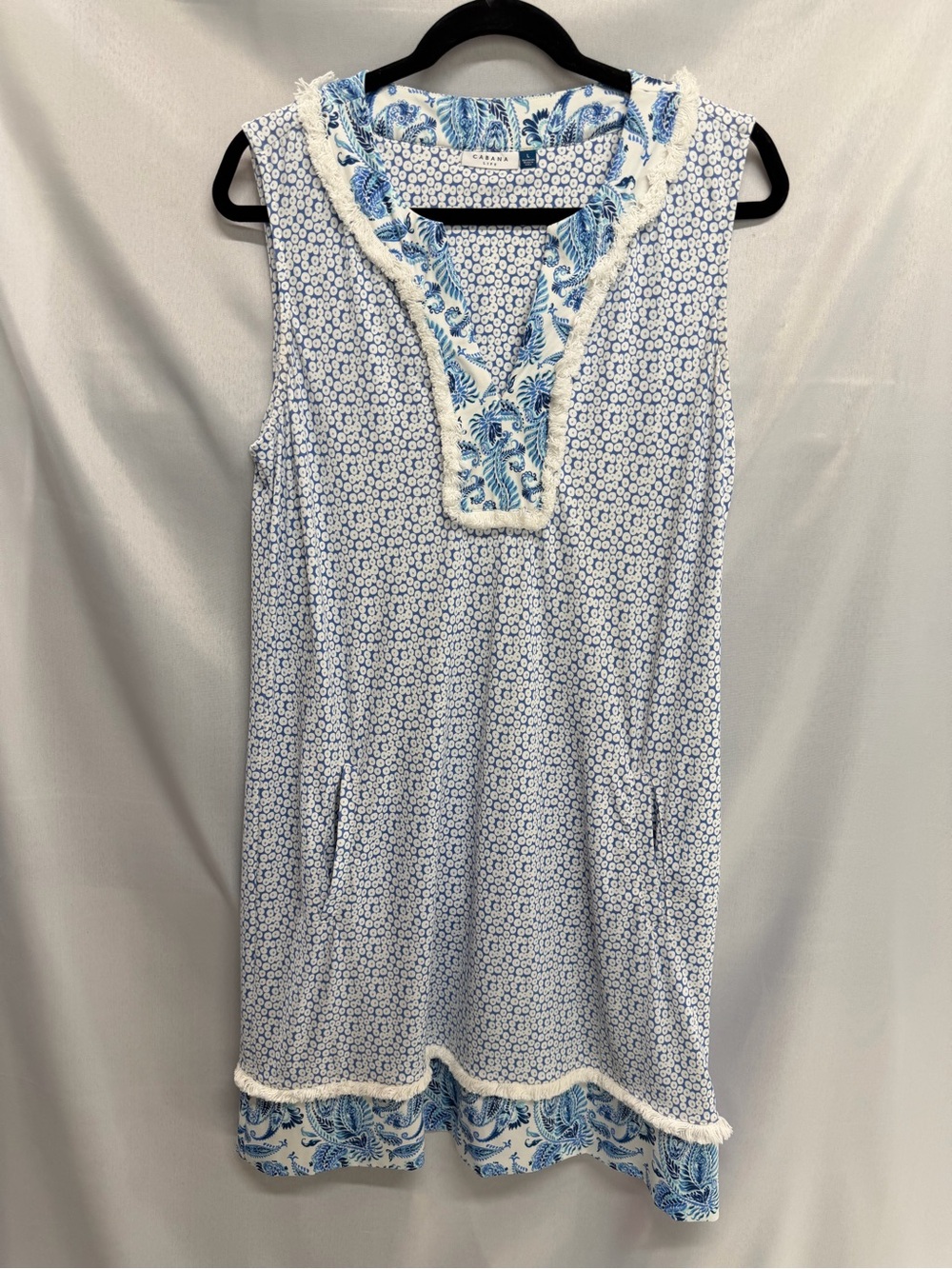 Cabana Life Aruba Blues Sleeveless Fringe Tunic Dress Pockets Large - Picture 8 of 8